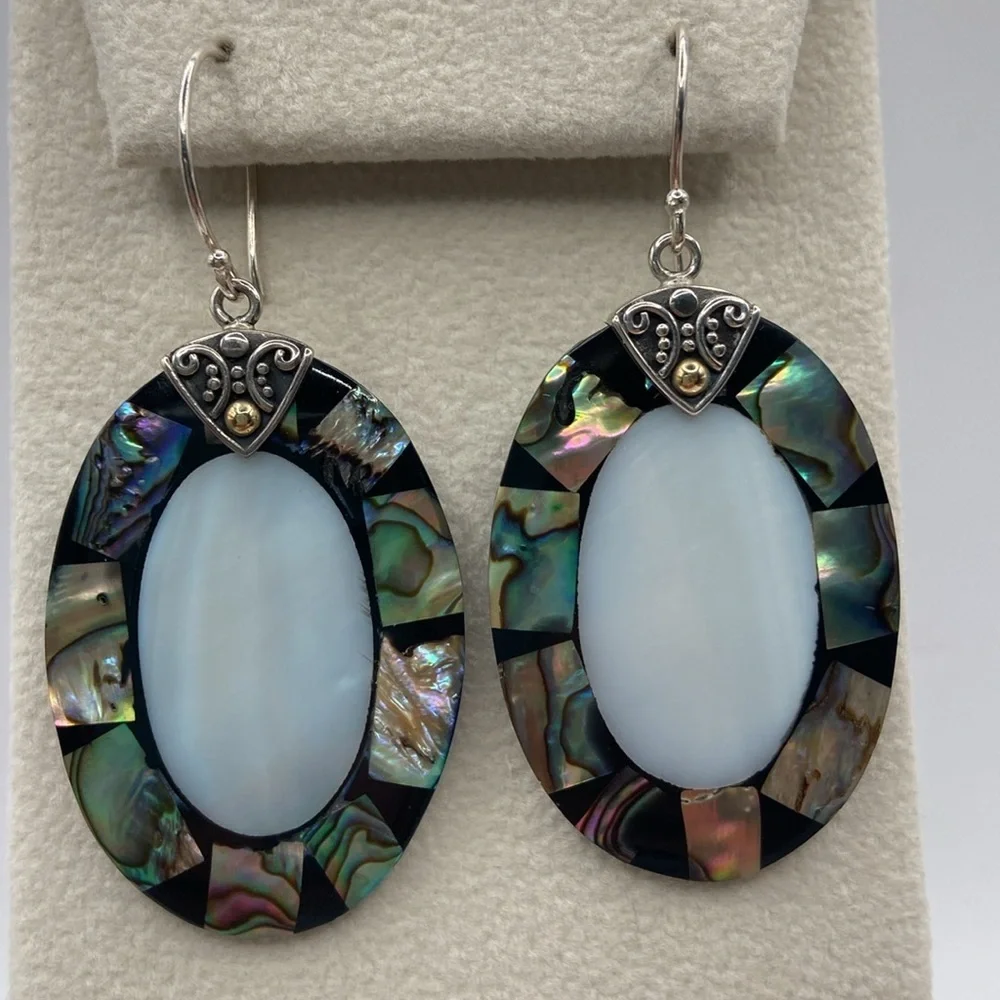 Robert Manse Sterling Silver 18K Abalone Mother of Pearl Earrings 2 1/4”L - Picture 4 of 13